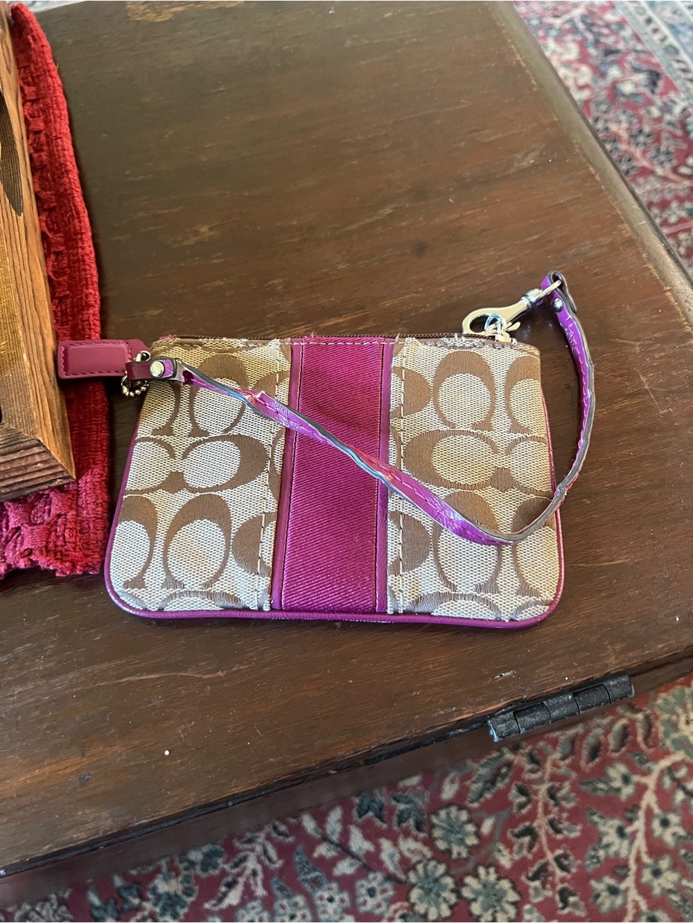 Coach Khaki Signature Canvas Wristlet with Magenta Trim